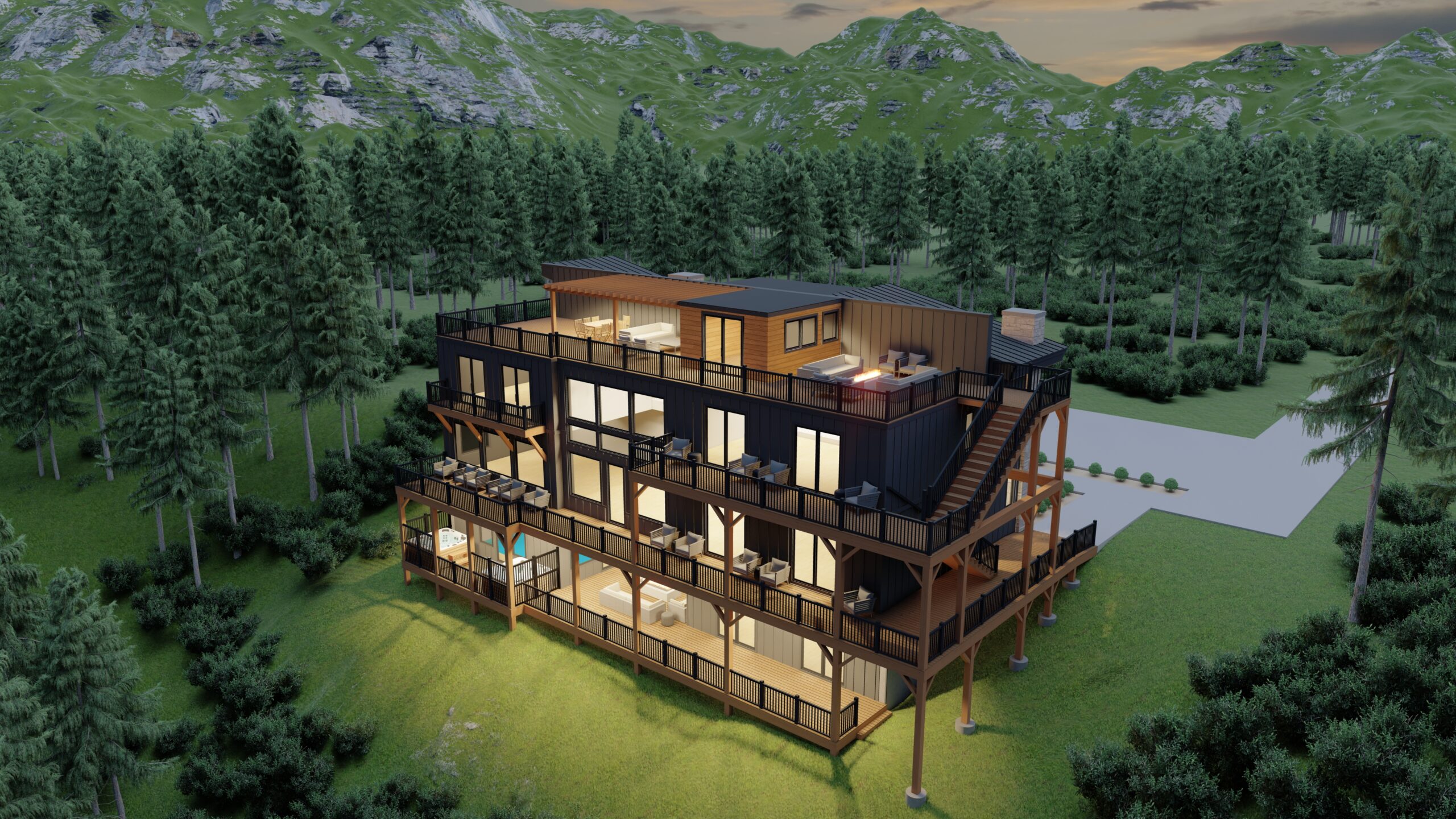 Photorealistic 3D render of a custom luxury mountain cabin project by MCHB in East Tennessee. High-end architectural visualization for a legacy cabin build in the Smoky Mountains.
