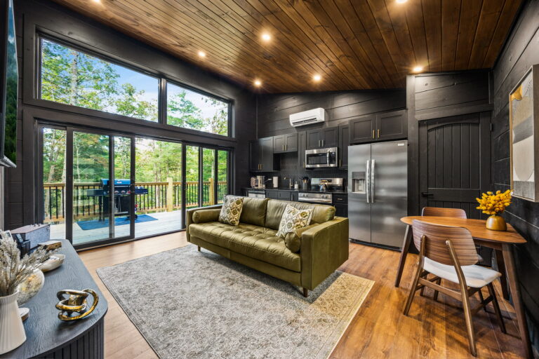 Modern, Trendy Interior Design in a Luxury Mini Cabin living room. Integrates seamless indoor-outdoor living with great natural light in the Smoky Mountains, TN.