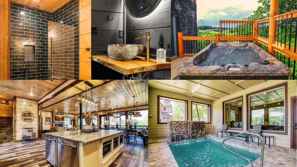 Luxury Cabin Amenities Collage: Spa bathroom, outdoor hot tub, kitchen, living room, and indoor pool. Highlighting advanced air filtration and relaxation features in Sevierville TN cabins.