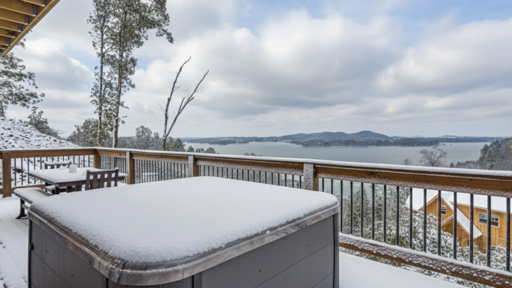 Outdoor Hot Tub Covered in Snow overlooking a frozen or snowy lake in the Smoky Mountains, East TN. Luxury amenity view.