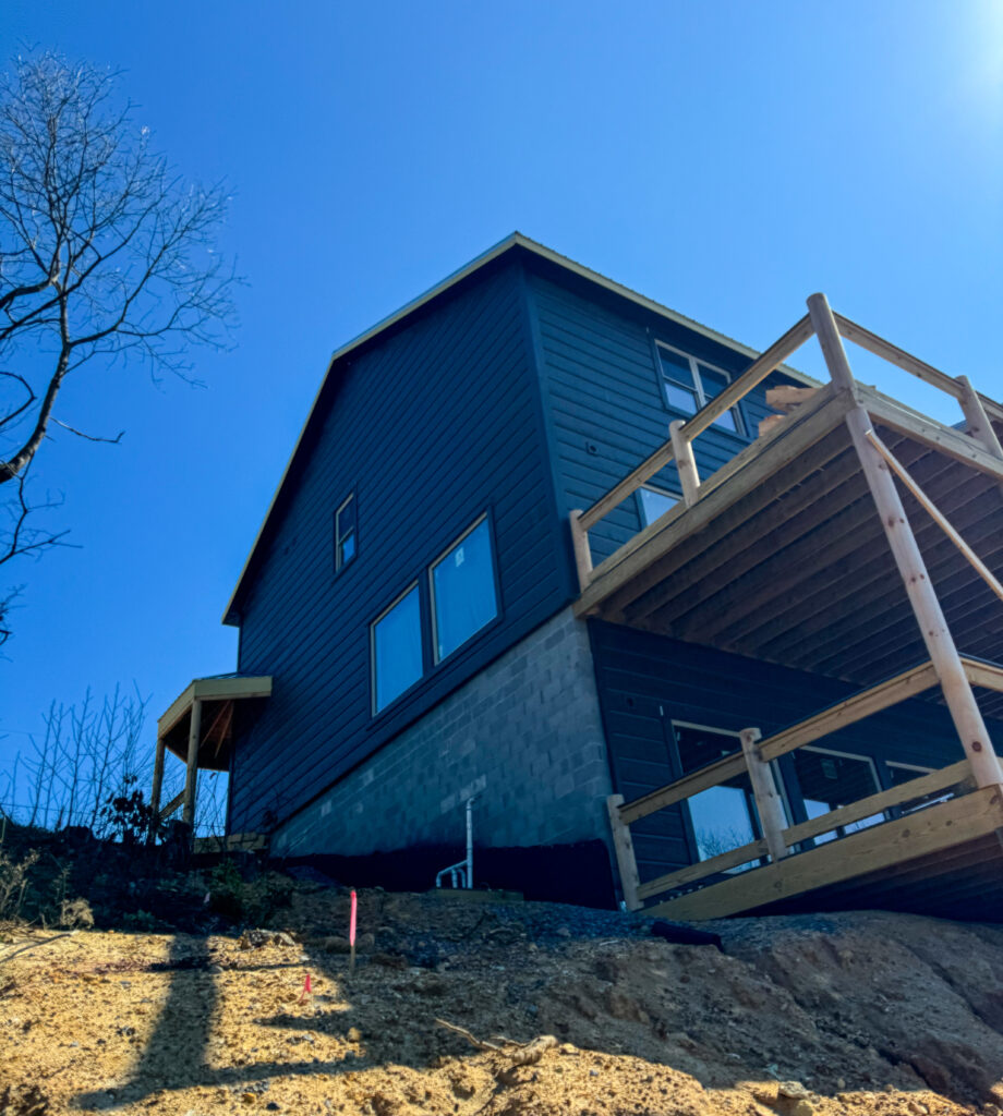 Construction site of a modern mountain cabin in progress in the Smoky Mountains, Tennessee.