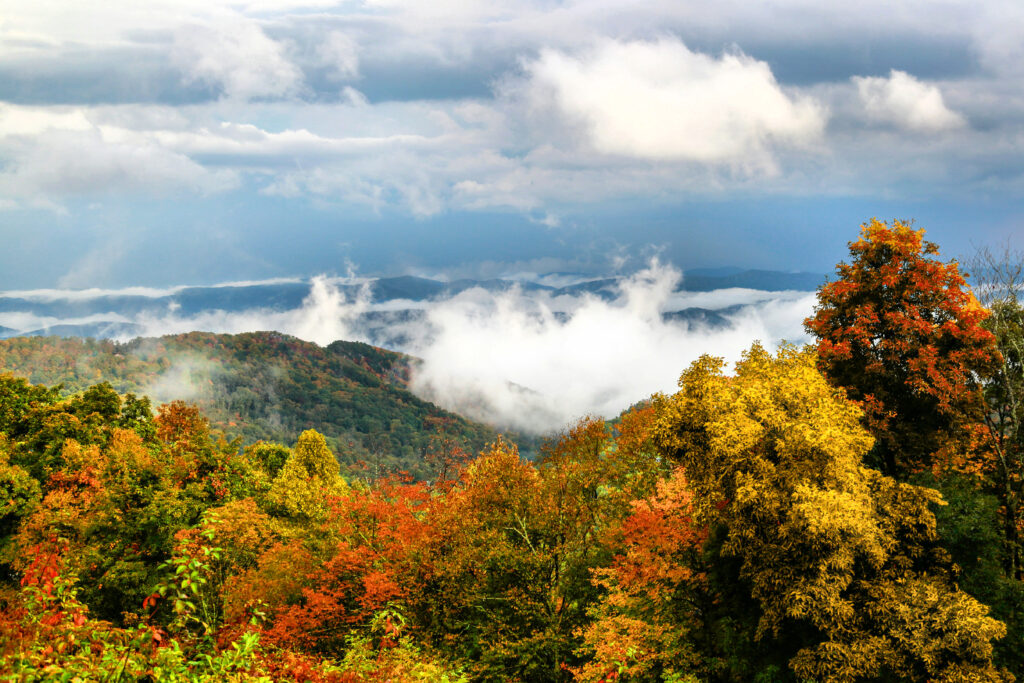 Amazing Smoky Mountain Landscape at peak autumn, featuring lush fall colors and dramatic clouds kissing the rolling hills. Photo by Gary Yost (Unsplash).