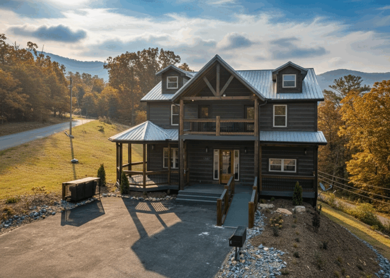 Impressive Mountain Home Luxury exterior in East Tennessee. Surrounded by an amazing autumn landscape under beautiful afternoon light.
