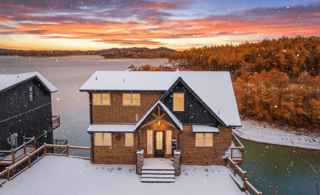 Beautiful Cozy Luxury Mountain Lake Cabin Home in the Smoky Mountain, East TN region. Impressive background with autumn colors, sunset, and snow. Features many custom-made amenities.
