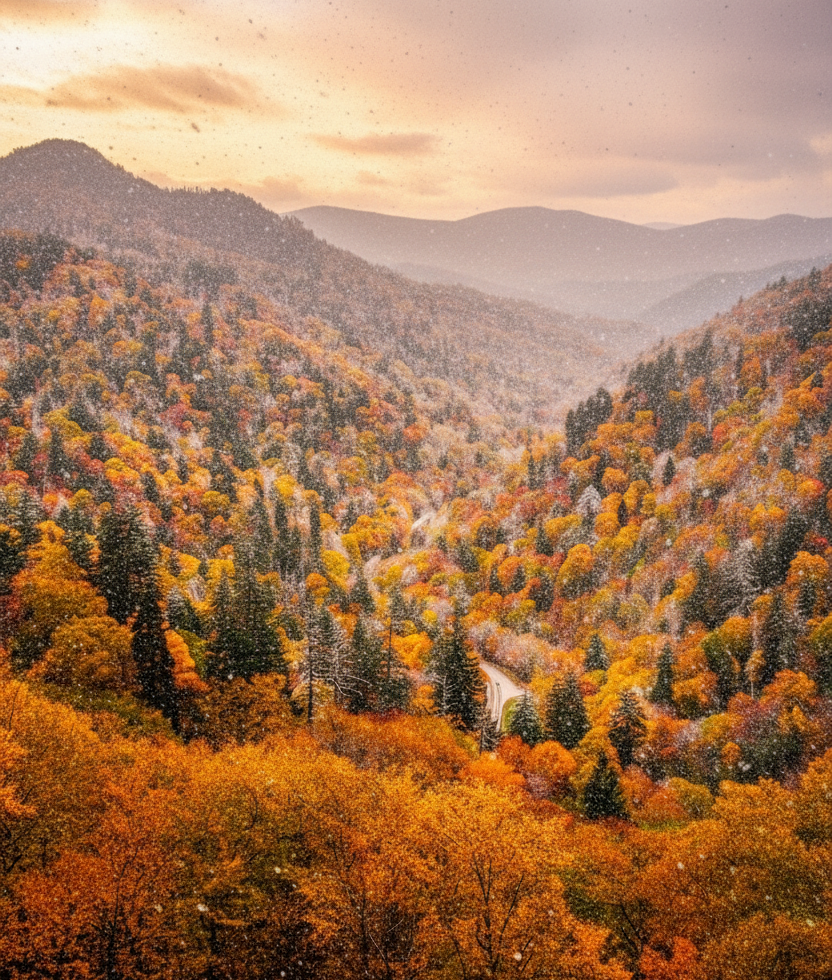 Impressive Smoky Mountain landscape with the unique blend of lush autumn colors and fresh snow. Breathtaking East Tennessee views.