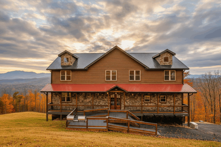 Cozy and Beautiful Front of a Large Luxury Mountain Cabin Home in the Smokies, East Tennessee. Showcases seamless design and flow.