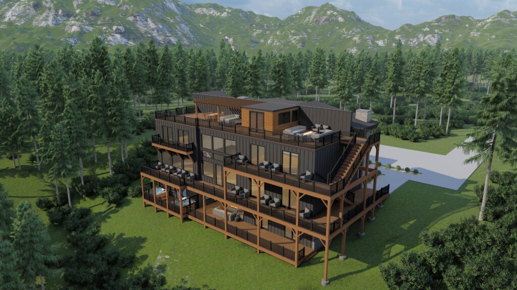 3D Render of a stunning, multi-level luxury cabin in the Smoky Mountains, East Tennessee. Conceptual design features high-end appliances and amenities.