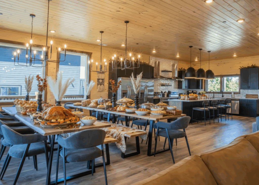 Large custom wooden dining table set beneath a statement chandelier, with ample windows overlooking the Smoky Mountain view; perfect for holiday meals in a legacy home.