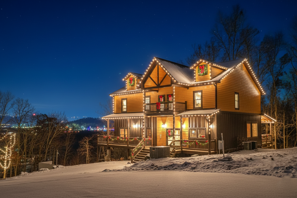 Beautiful Mountain Home front with Christmas lights and snow, capturing winter in the Smoky Mountains. December, Building Year-Round Performance into Your Luxury Cabin Investment.