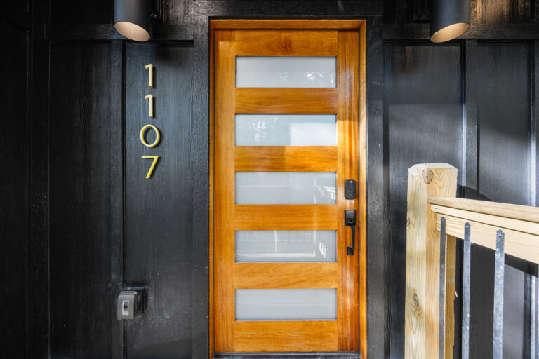 Front door Design of a Contemporary Luxury Mountain Home. Showcases a strong Aesthetic Design and architectural appeal in the Smoky Mountains, East TN.