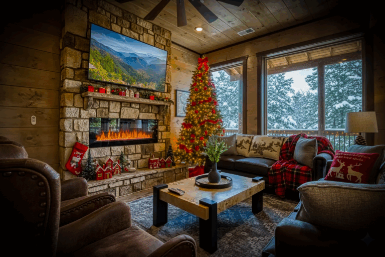 Image shows a cozy living room with Christmas decorations inside one of our cabins, with absolute warmth and versatile spaces. This makes our builds perfect for any season, maximizing Year-Round Performance and rental value.