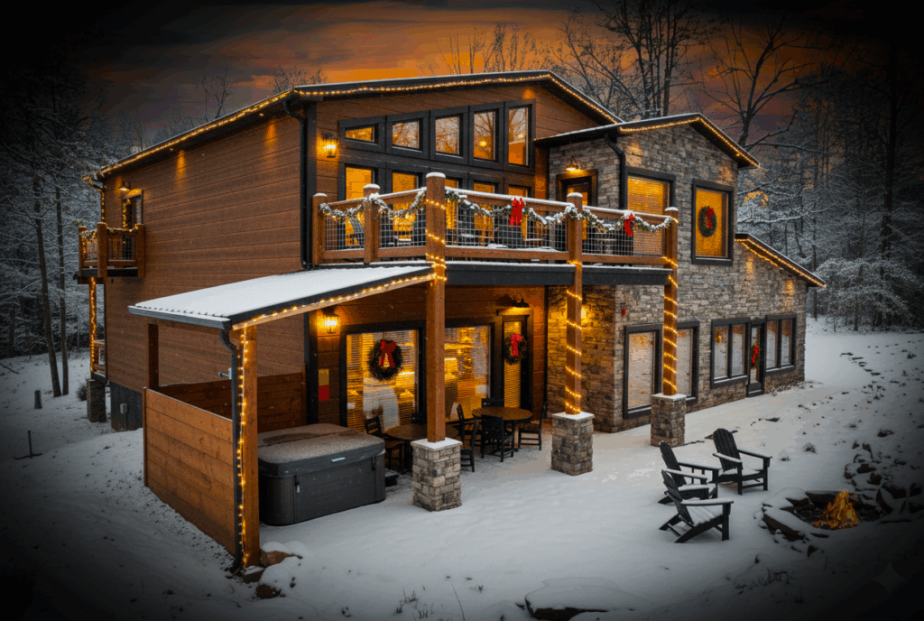 Image shows the back yard of a beautiful and impressive multilevel build, fully decorated with Christmas lights, there is snow, you can also see the backyard, and looks stunning. This showcases superior year-round performance and luxury appeal.
