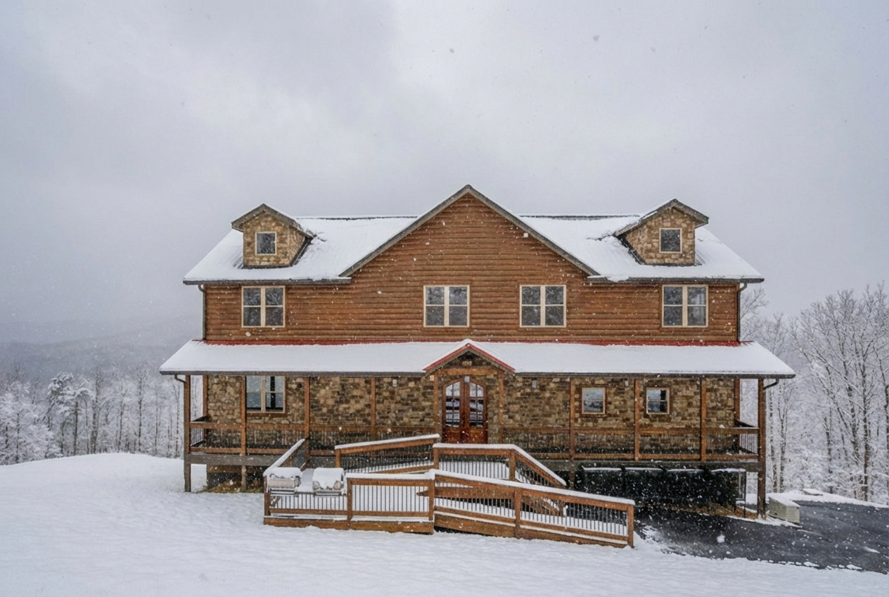 Exterior of a luxury mountain cabin fully covered in snow in the Smoky Mountains. Custom-built by MCHB to be winter-resilient and energy-efficient in Sevierville, TN.