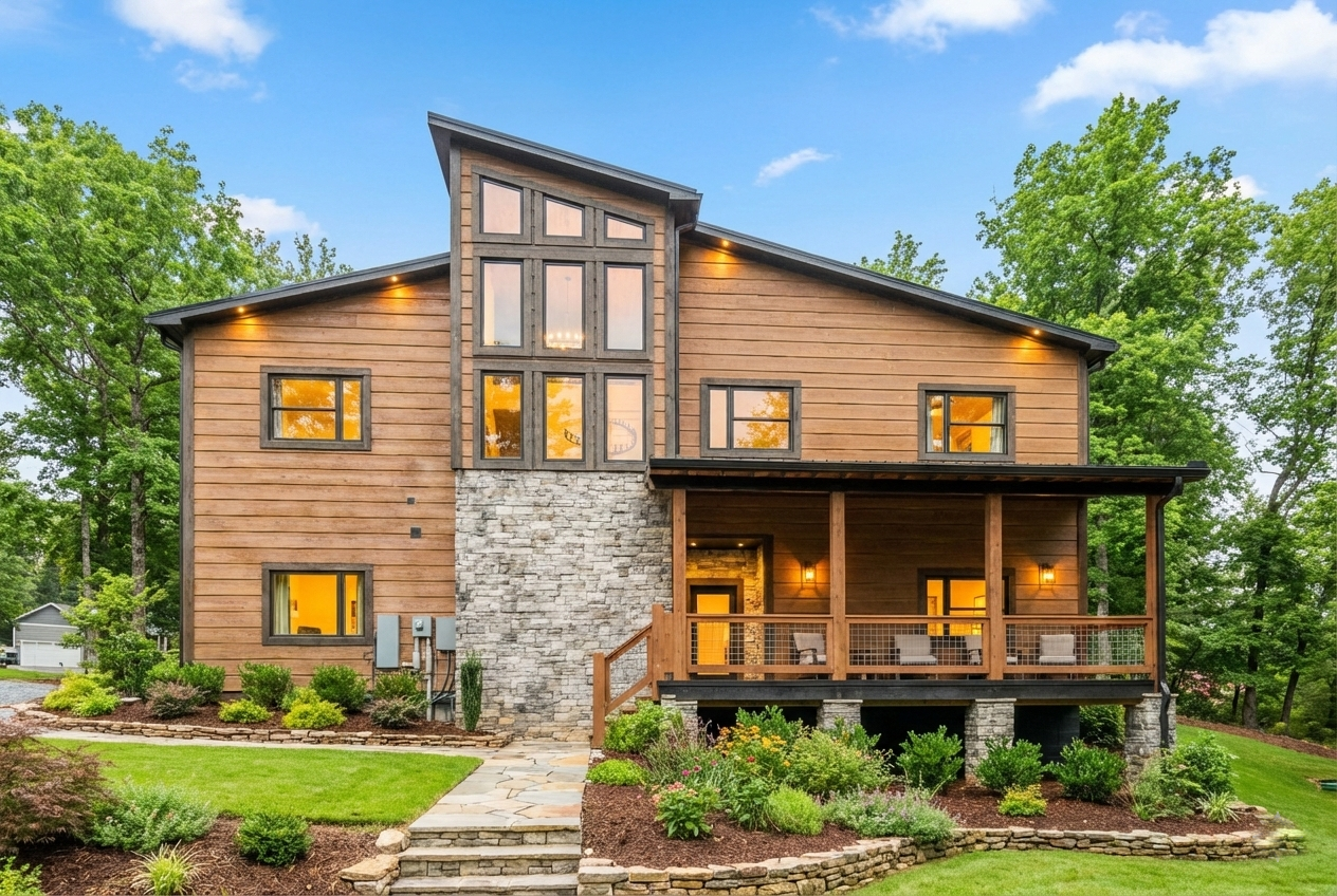 Modern contemporary mountain home in East Tennessee custom-built by MCHB. Featuring a two-story structure plus basement, luxury balconies, and amenities in the Smoky Mountains.