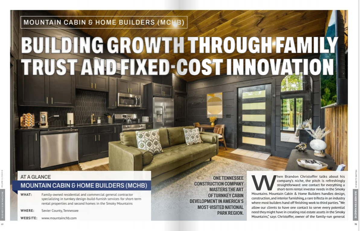 Business View Magazine feature highlighting Mountain Cabin Home Builders and turnkey development in the Smoky Mountains.