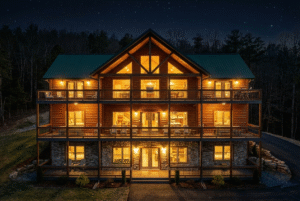 Front exterior of a luxury 3-story mountain home by MCHB at dusk. Features premium wood and stone finishes, warm interior lighting, and stunning architectural detail near Sevierville, TN.
