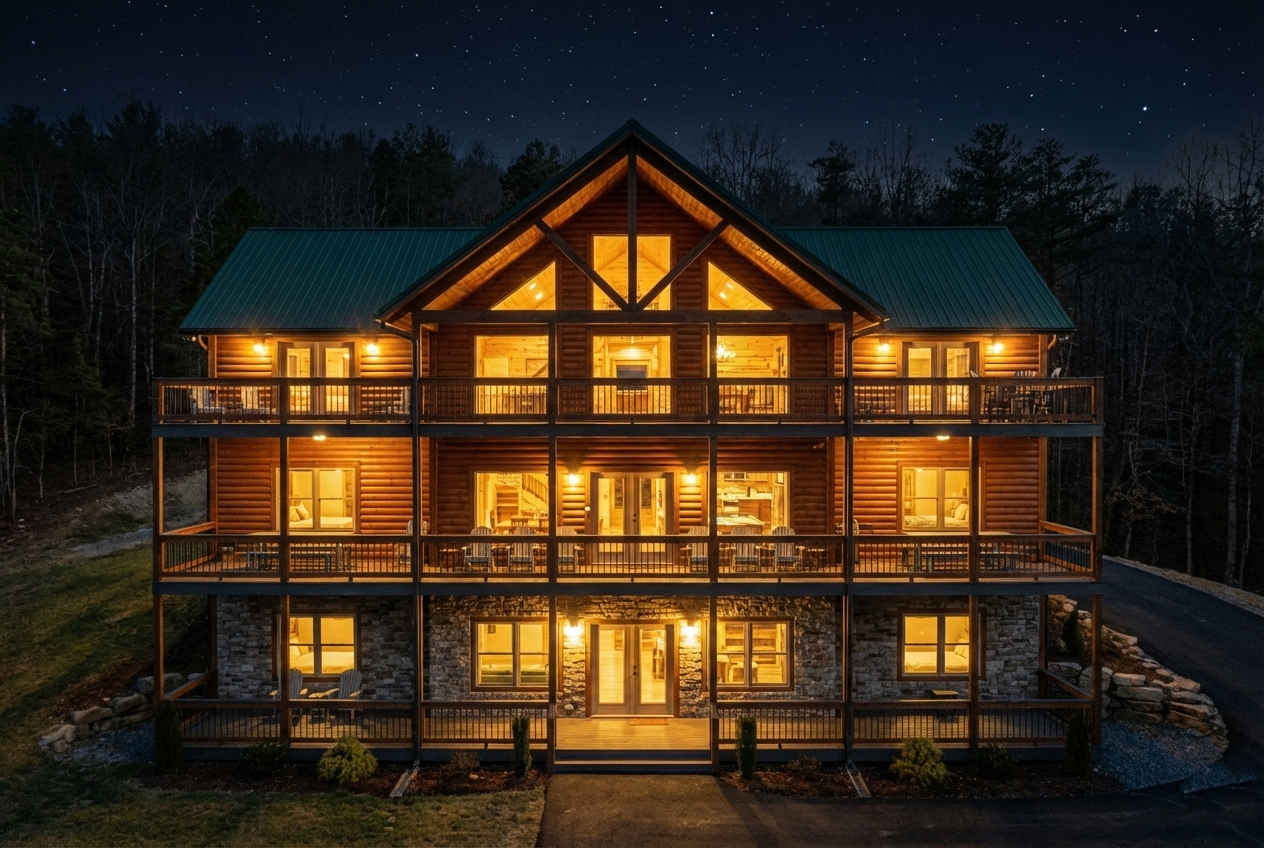 Front exterior of a luxury 3-story mountain home by MCHB at dusk. Features premium wood and stone finishes, warm interior lighting, and stunning architectural detail near Sevierville, TN.