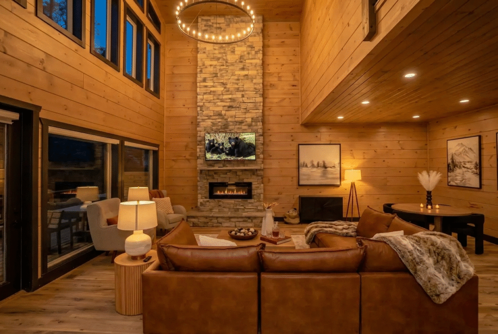 Impeccable luxury cabin living room with vaulted ceilings, cozy lighting, and fine interior design at dusk. A custom MCHB mountain home interior.