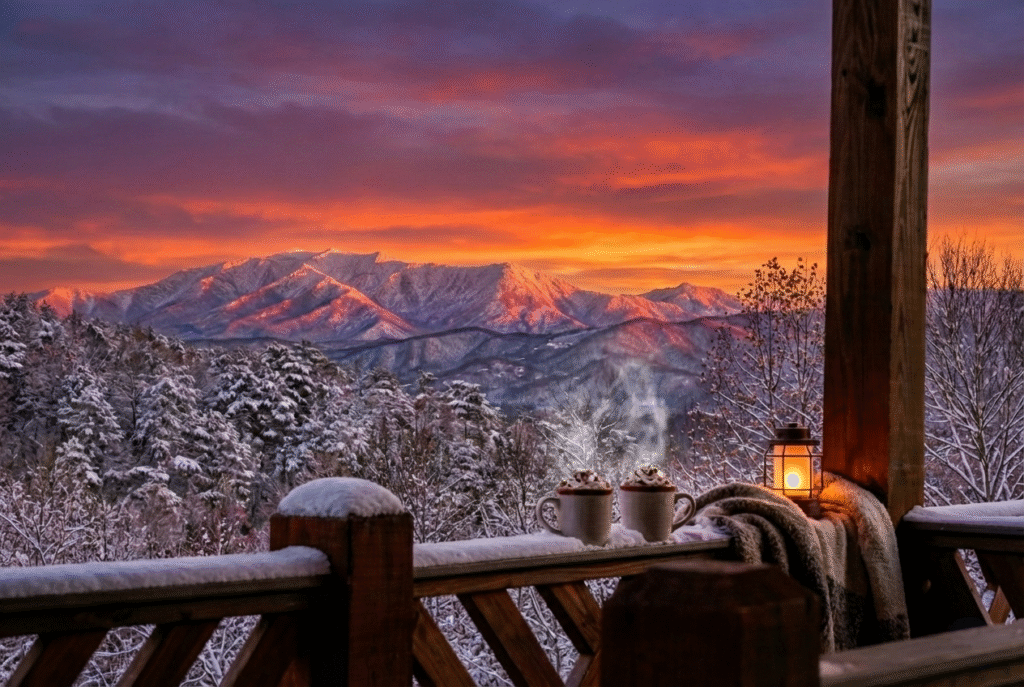 Winter sunset over the Smoky Mountains seen from an MCHB luxury cabin balcony. Features hot beverages on a wooden terrace railing with a panoramic mountain view in East Tennessee.