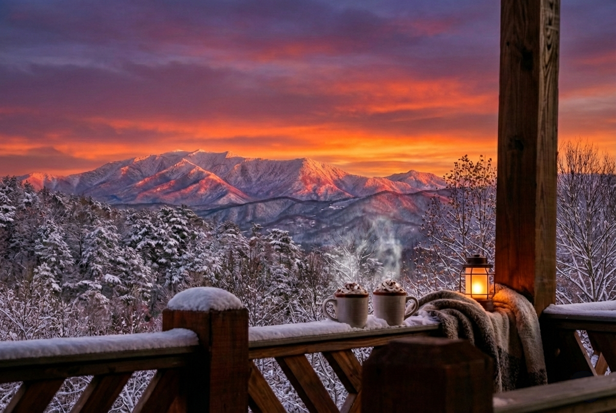 Winter sunset over the Smoky Mountains seen from an MCHB luxury cabin balcony. Features hot beverages on a wooden terrace railing with a panoramic mountain view in East Tennessee.