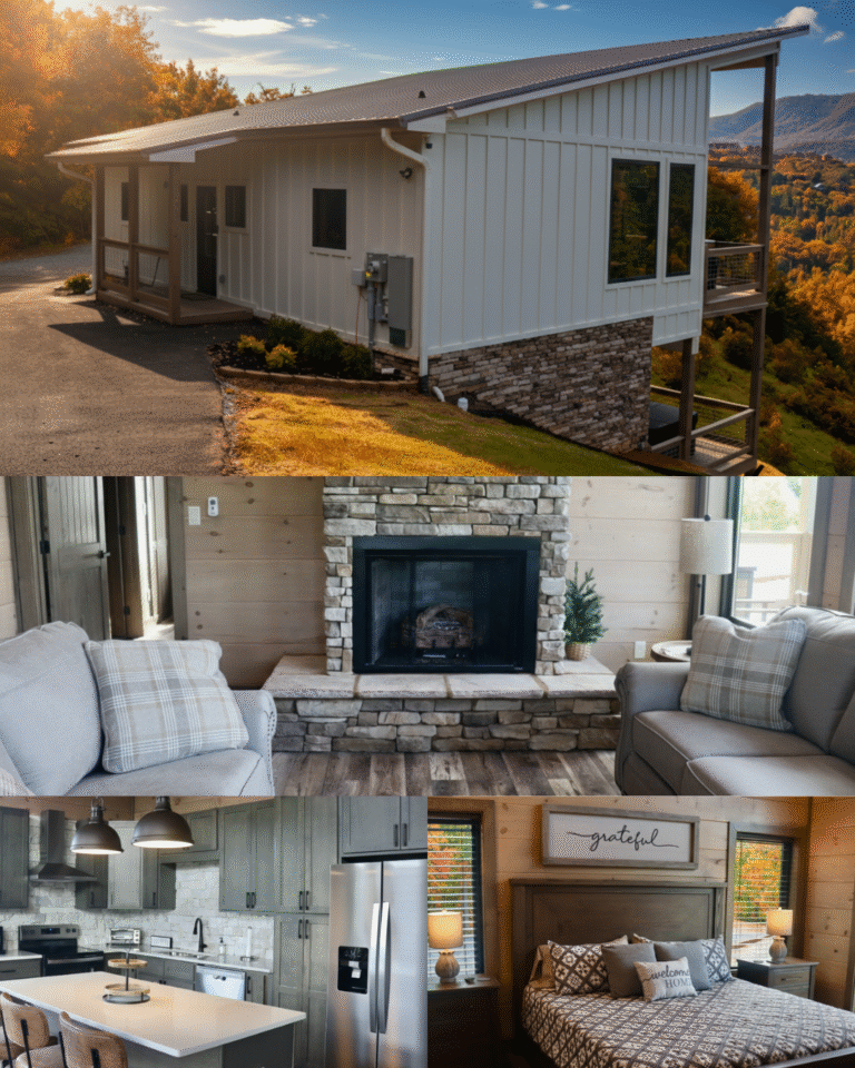 Interior and exterior collage of a finished luxury mini-cabin by MCHB. Showcasing a high-end kitchen, cozy living room, master bedroom, and mountain exterior in Sevierville, TN.