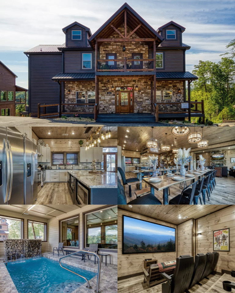 Luxury mountain home collage featuring an indoor pool, home theater, gourmet kitchen, and modern-rustic dining room. A high-end custom build by MCHB in the Smoky Mountains, East TN.