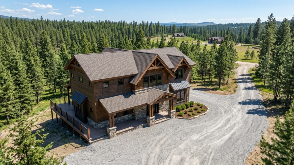 Aerial side view visualization of 3098 Smoky Bluff Trail, showing the multi-level deck construction and slope mastery by MCHB.
