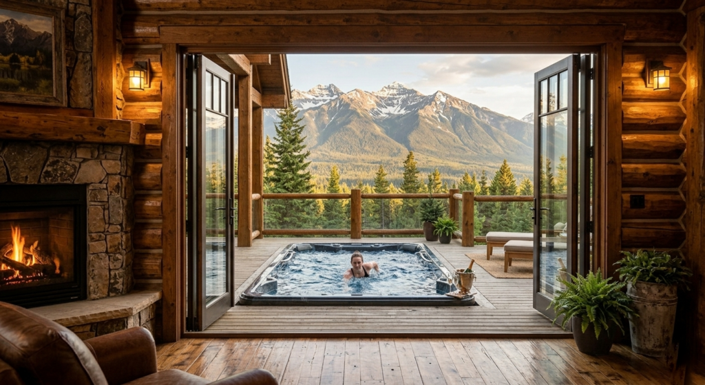 Interior view looking out toward a 16ft swim spa on the deck of a luxury MCHB cabin at 3098 Smoky Bluff Trail.