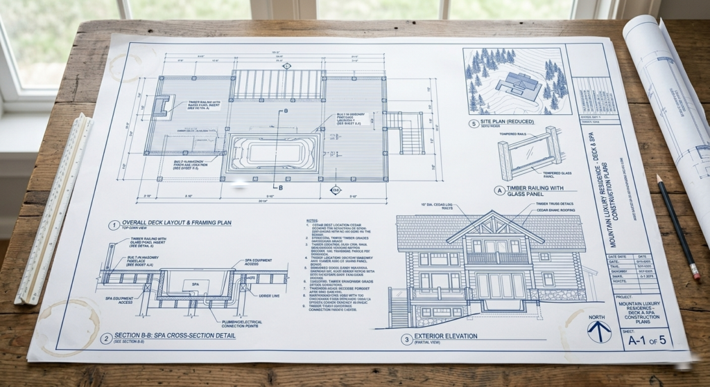Detailed structural blueprints for 3098 Smoky Bluff Trail laying on an architect's drawing board. MCHB custom cabin planning in Sevierville, TN.