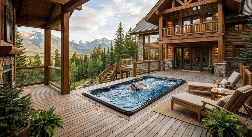 AI visualization of a 16ft swim spa on a luxury mountain deck overlooking the Smoky Mountain landscape at 3098 Smoky Bluff Trail.