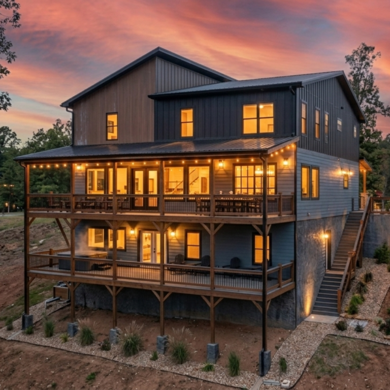 Rear dusk exterior of a 3-story MCHB luxury cabin built on rugged Smoky Mountain terrain. Warm interior lighting glows through multi-level windows, showcasing advanced engineering and structural expertise near Wears Valley, TN.