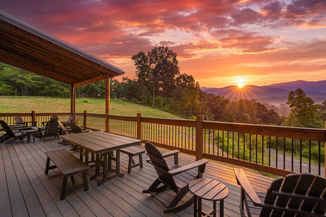 Panoramic mountain view from the deck of Shell Mountain Sunrise cabin at dawn. Showcases the premium site selection and view corridors engineered by MCHB.