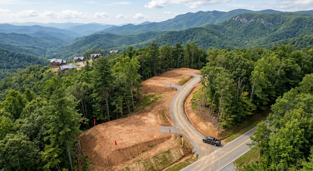 Professionally graded and marked construction lots ready for luxury cabin builds in Sevierville, TN, surrounded by preserved forest.