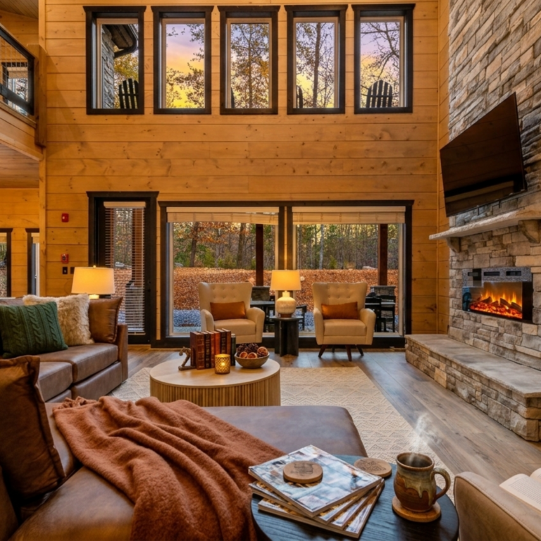 Interior of an MCHB luxury cabin in Pigeon Forge, TN, showcasing open-concept layout and strategic window placement for natural lighting.