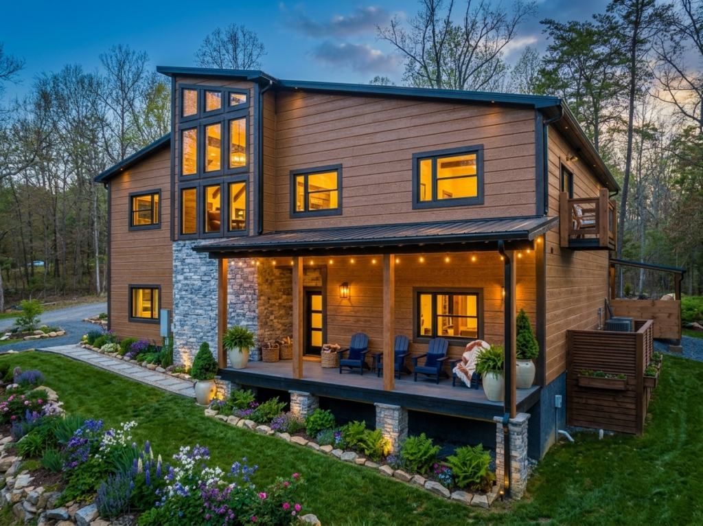 Side view of a luxury MCHB modern-contemporary mountain home in Gatlinburg, TN. Features a first-story terrace slightly above ground with comfortable chairs, tables, and a view to the cozy lit interior and the Smoky Mountains.