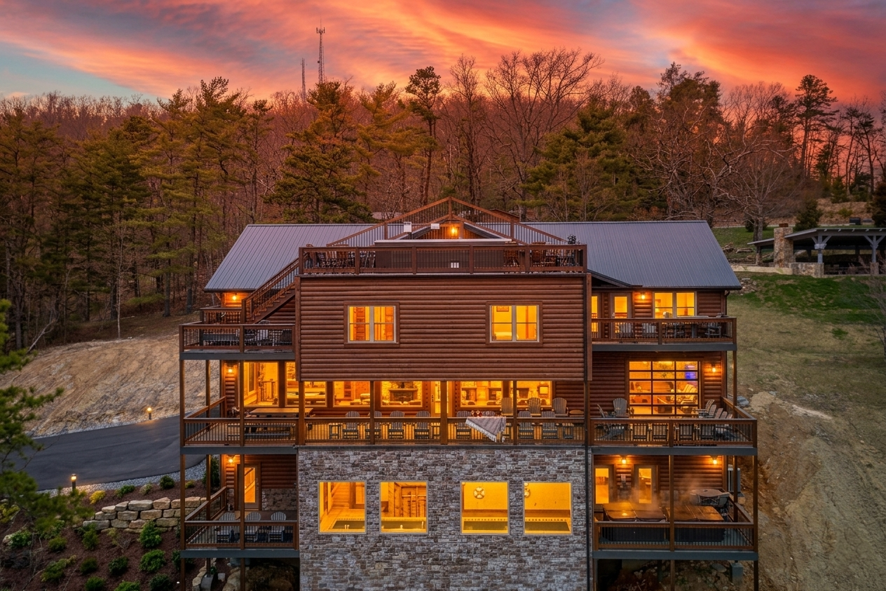 Rear exterior view of a three-story MCHB luxury mountain home in Gatlinburg, TN, featuring an indoor pool, multi-level decks, and a rooftop viewing area.