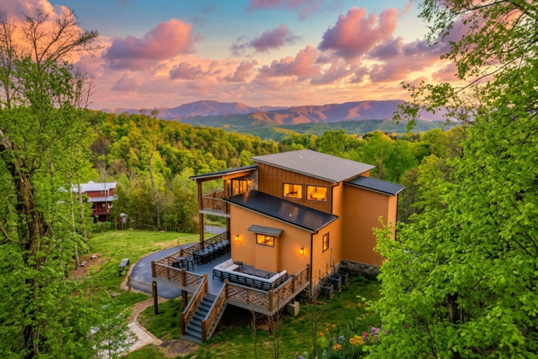 A luxury custom cabin designed by MCHB in Sevierville, TN, highlighting architectural harmony with the Smoky Mountain landscape.