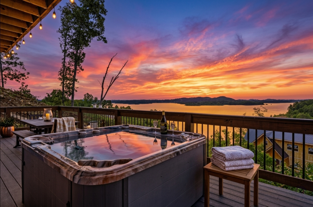 MCHB luxury cabin balcony at sunset with a built-in hot tub, outdoor dining area, and panoramic Smoky Mountain views in Sevierville, TN.
