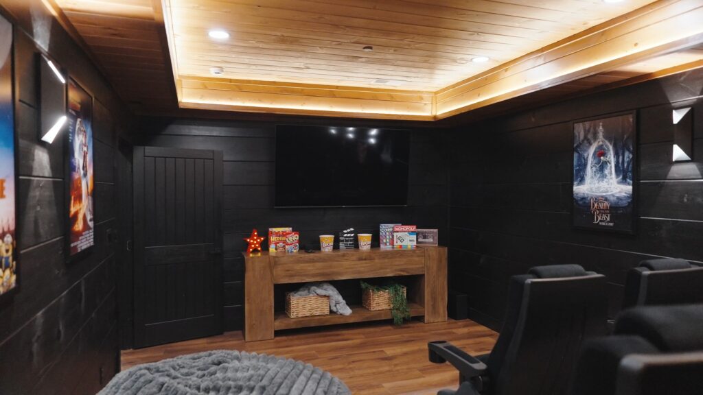 Fully equipped custom home theater at 3264 Laurel Cove Trail with blacked-out walls, acoustic treatments, and tiered luxury seating.