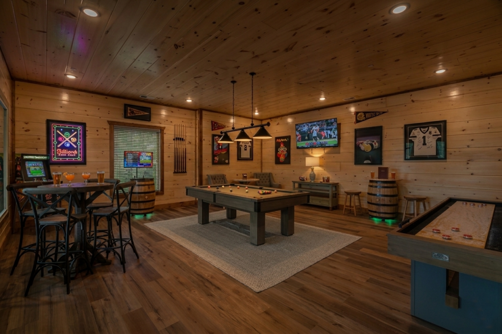 Wide shot of an open-concept entertainment level in a luxury MCHB cabin, showing the connection between game rooms and the rest of the home.