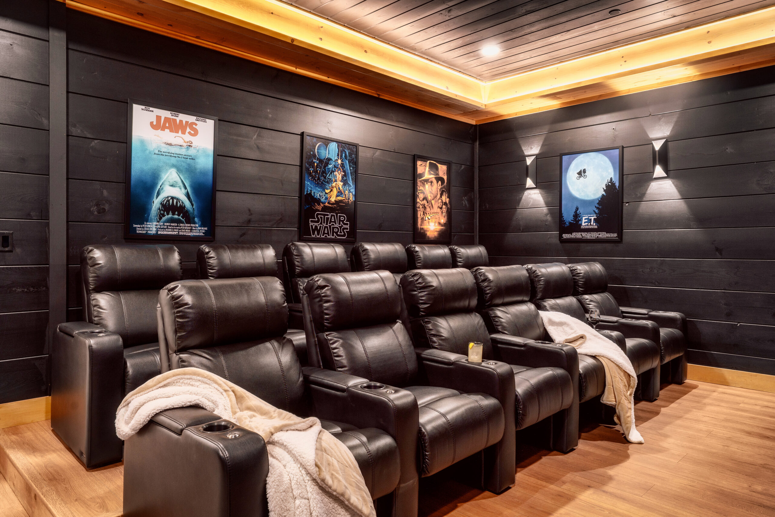 Wide shot of a luxury custom home theater in a Gatlinburg cabin, featuring tiered seating and professional acoustic wall treatments.