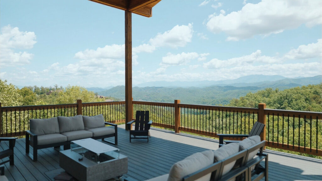 Luxury mountain home terrace deck at 3264 Laurel Cove Trail by MCHB, featuring comfortable lounging chairs overlooking a panoramic Smoky Mountain landscape view.