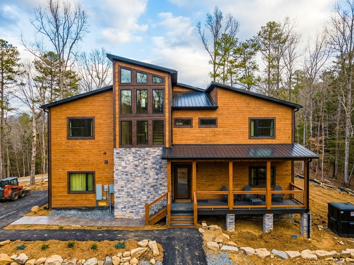 Side profile aerial drone view of a completed, fully furnished multi-level luxury mountain home by MCHB nestled in a lush green forest canopy in Sevierville, TN. Description: High-angle completed exterior portfolio photography documenting finished architecture, steep terrain site completion, multi-level exterior living decks, and landscape integration.