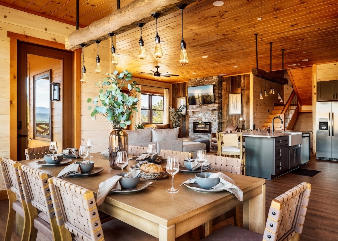 Large custom cabin kitchen and adjacent dining area designed by MCHB, featuring a spacious island, premium granite countertops, and solid wood cabinetry.