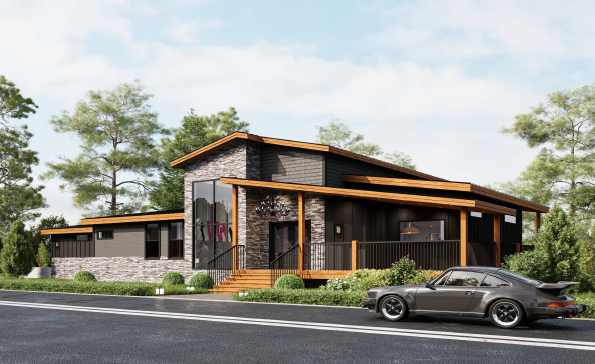Architectural concept render of a luxury multi-level custom mountain cabin by MCHB, showcasing initial design plans and site integration.