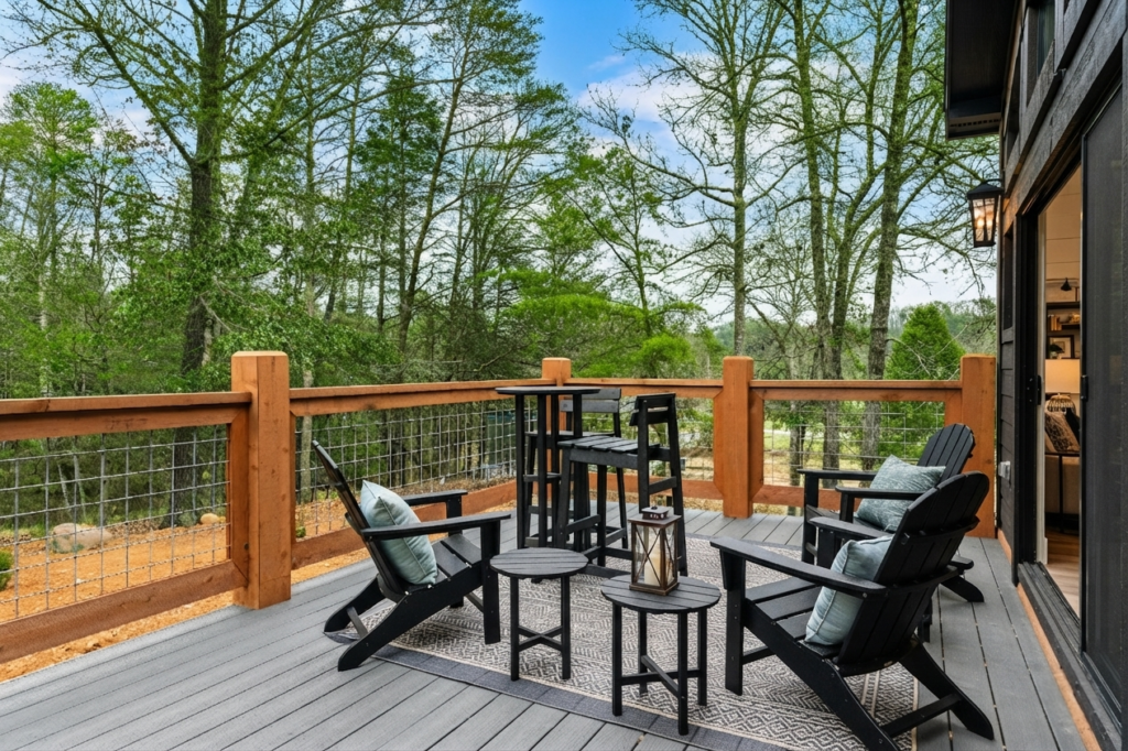 Elevated custom timber balcony porch by MCHB overlooking dense, lush summer vegetation and forest trees in the Smoky Mountains.