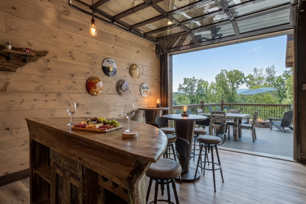 Semi-indoor cabin bar area featuring an industrial-style glass overhead garage door that opens to an outdoor deck, tall bar stools, and traditional timber finishes.