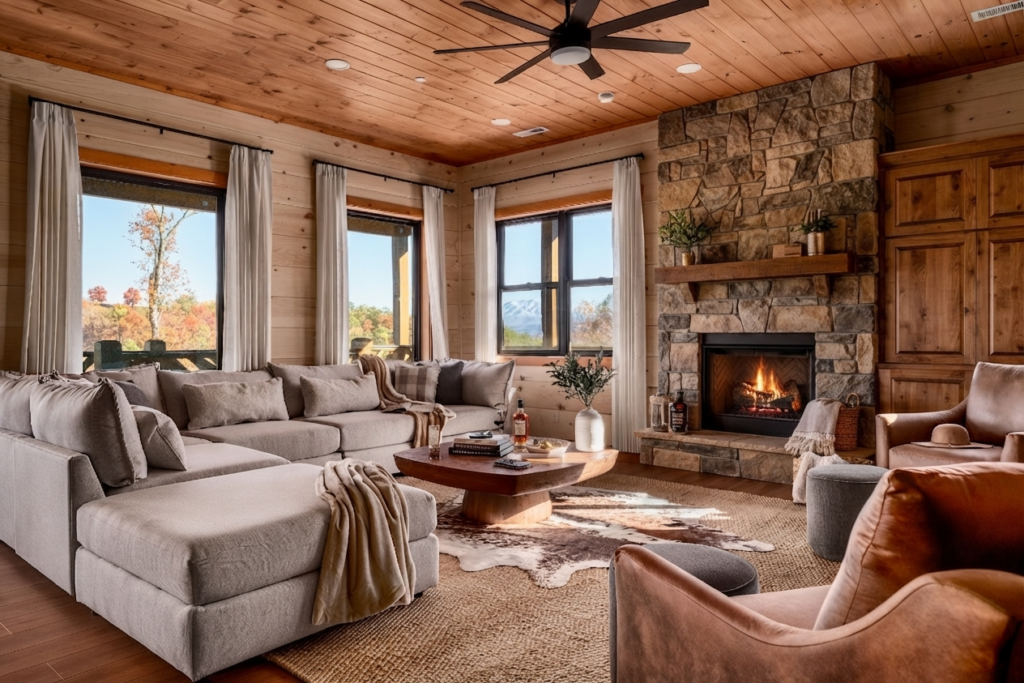 Open-concept luxury cabin living room by MCHB featuring floor-to-ceiling glass window walls framing panoramic Smoky Mountain views.