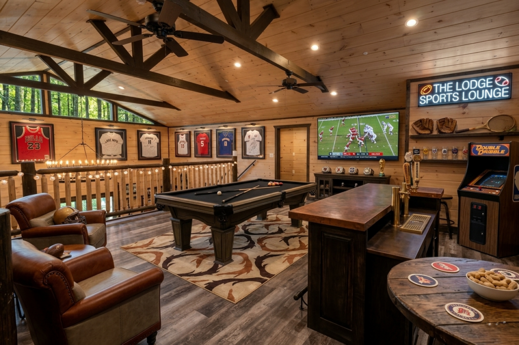 Expansive luxury cabin game room and custom sports bar by MCHB featuring a premium pool table, integrated keg draft system, retro multicade machines, and sports memorabilia.