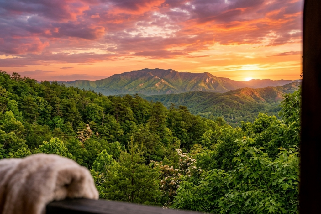 Panoramic summer view of the rolling Smoky Mountain range covered in lush green forest canopy, captured from an elevated custom luxury cabin balcony.